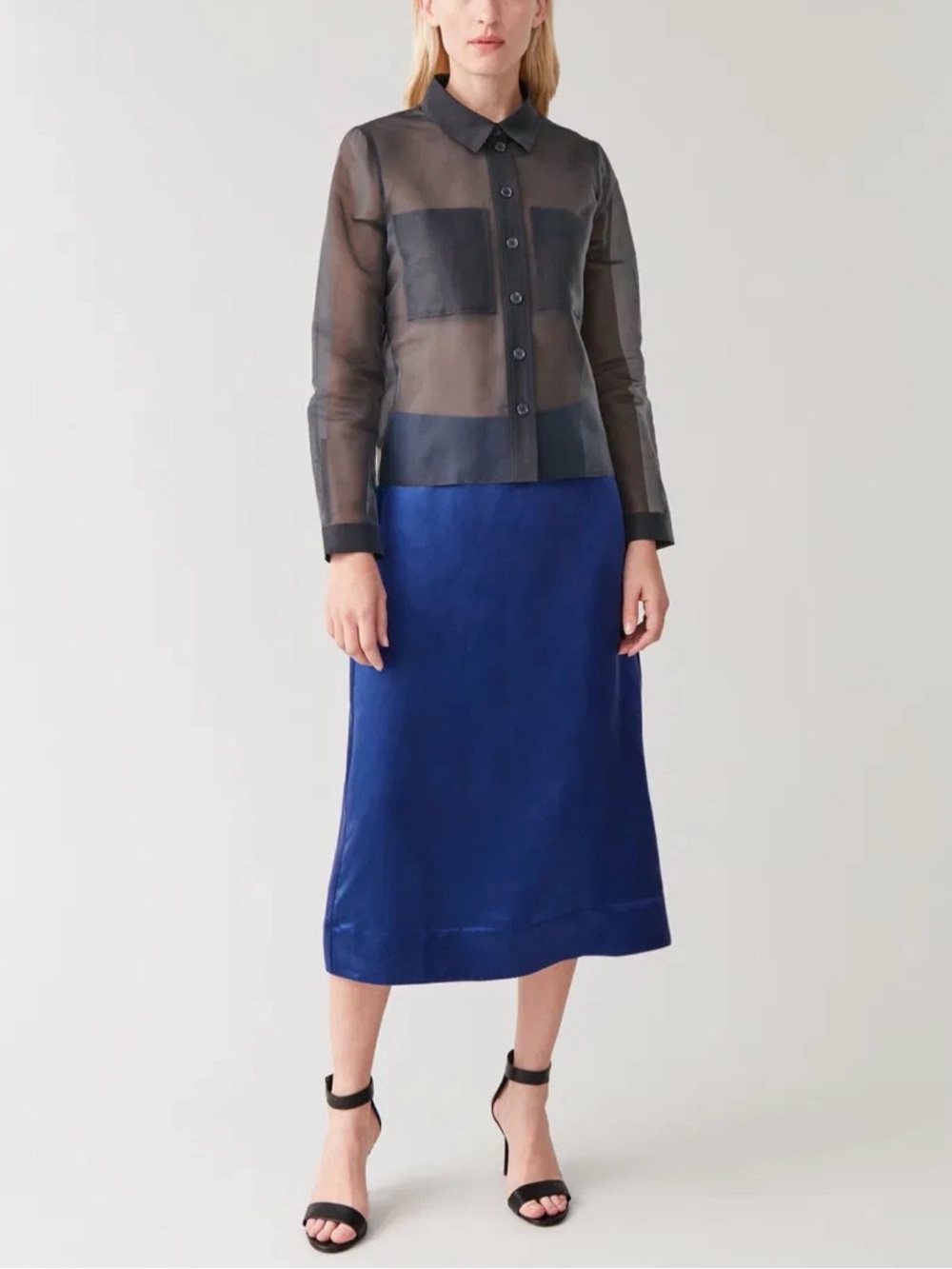 COS Mulberry Silk Midi Slip Skirt Royal Blue Satin A Line Side Zip - Picture 3 of 12